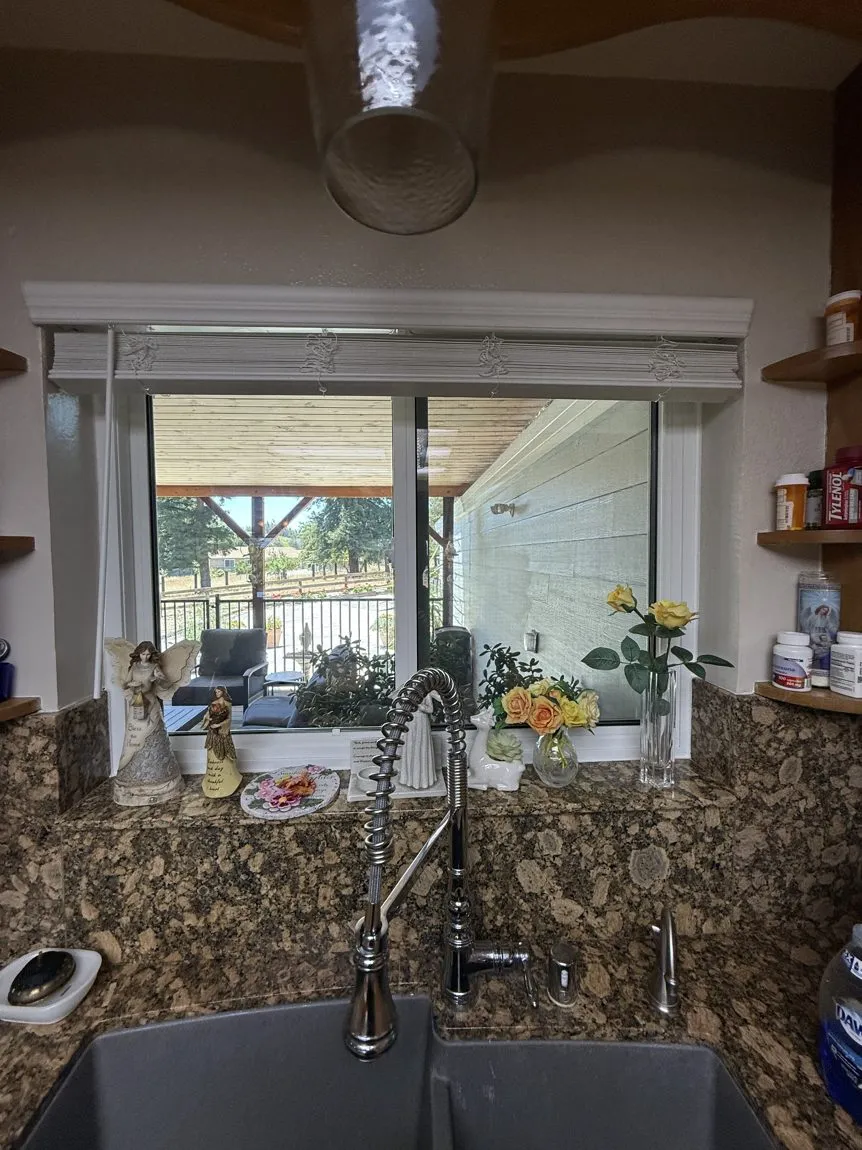 Kitchen sink window with solar film installed, looking out to the yard
